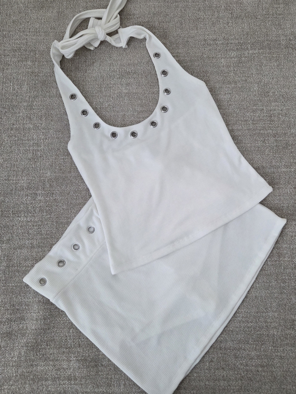 White Ribbed Halter Tank with Silver Grommet Trim